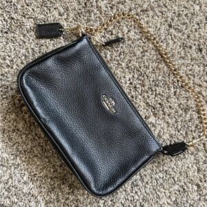 Coach Black Leather Wristlet with Gold Chain